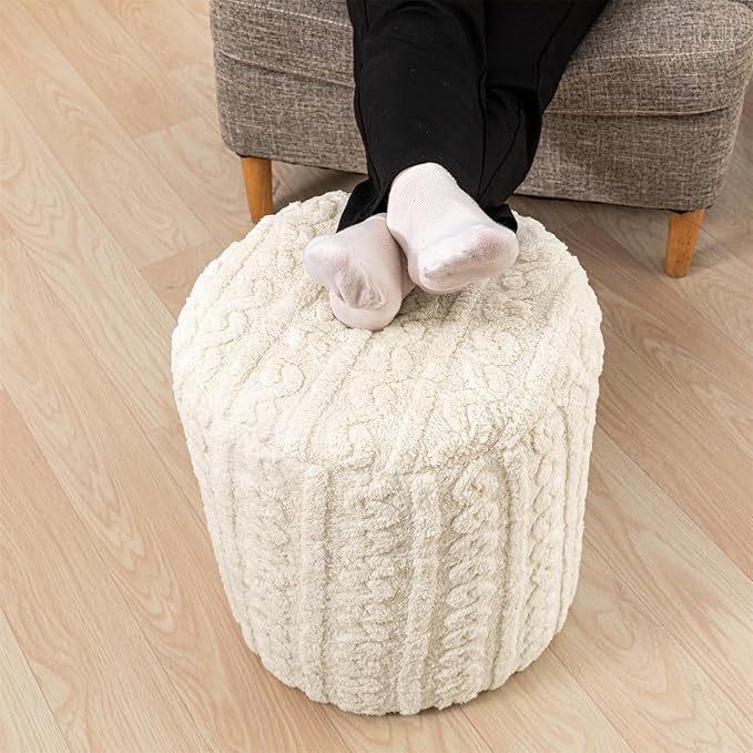 Round Ottoman Foot Rest14.6x14.6x18 Inches Boucle Ottoman Multifunctional Pouf Ottoman Foot Stool Fluffy Fur Ottoman Stool Pouf Footrest Stool for Living Room Bedroom (Ivory)