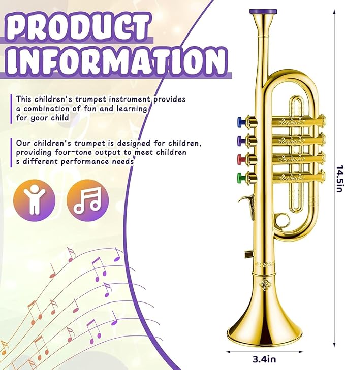 Lewtemi Gold Trumpet Musical Instruments Toy for Kid Toddler Fake Plastic Preschool Music Toy Gift Non-Professional Wind Instrument Early Educational Teaching Songs Gifts for Toddlers Children