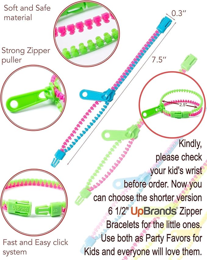 UpBrands 24 Fidget Toys Zipper Bracelets 7.5 Inches, Easter Basket Stuffers, Sensory Toys Bulk Set, Neon Colors, Kit for Birthday, Party Favors for Kids, Easter Egg Fillers