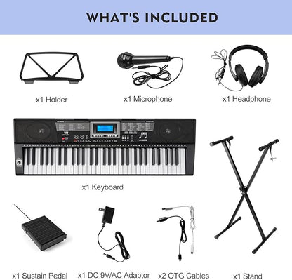 MUSTAR Piano Keyboard, MEKS-500 61 Key Learning Keyboard Piano with Lighted Up Keys, Electric Piano Keyboard for Beginners, Stand, Pedal, Headphones/Microphone, USB Midi, Joystick, Built-in Speakers