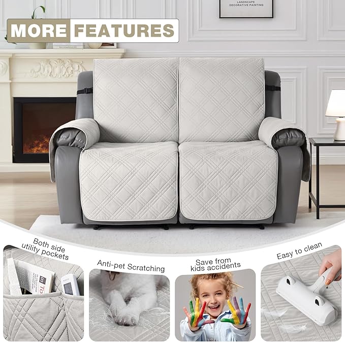 TAOCOCO 100% Waterproof Loveseat Recliner Cover with Straps, Split Loveseat Cover for Reclining loveseat, Non Slip Reclining Sofa Cover Furniture Protector for Kids, Pets(2 Seater, Off White)