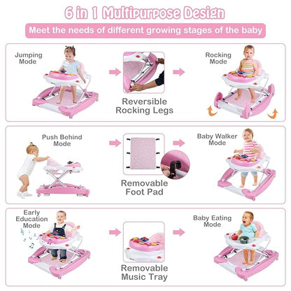 HONEY JOY Baby Walker, 6-in-1 Foldable Baby Walker and Bouncer Combo, Infant Activity Walker with Wheels, Adjustable Heights, Rocker, Music, Lights, Walker for Baby Boy Girl 7-14 Months