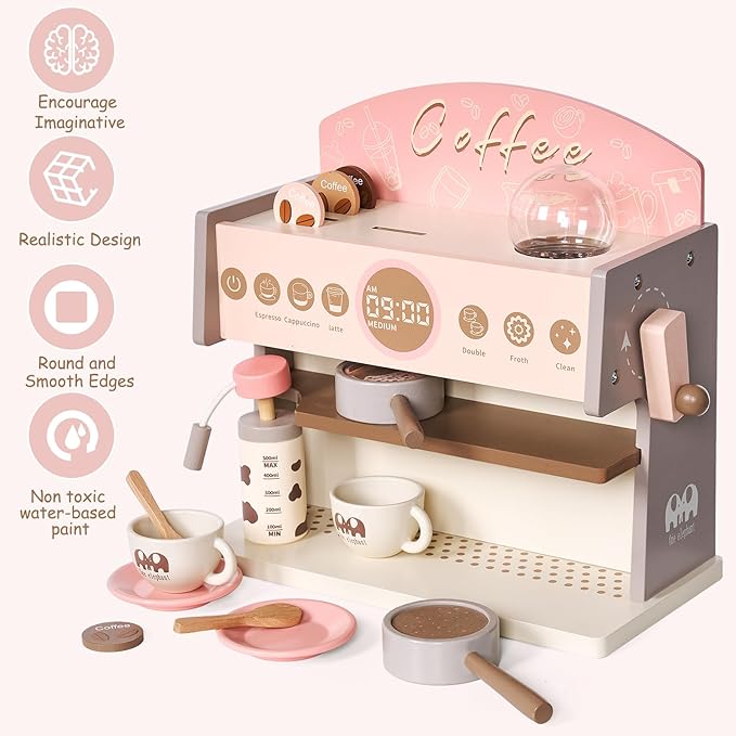 Coffee Maker Wooden Kitchen Toys for Kids, Toddler Coffee Playset, Pretend Coffee Maker for Girls & Boys
