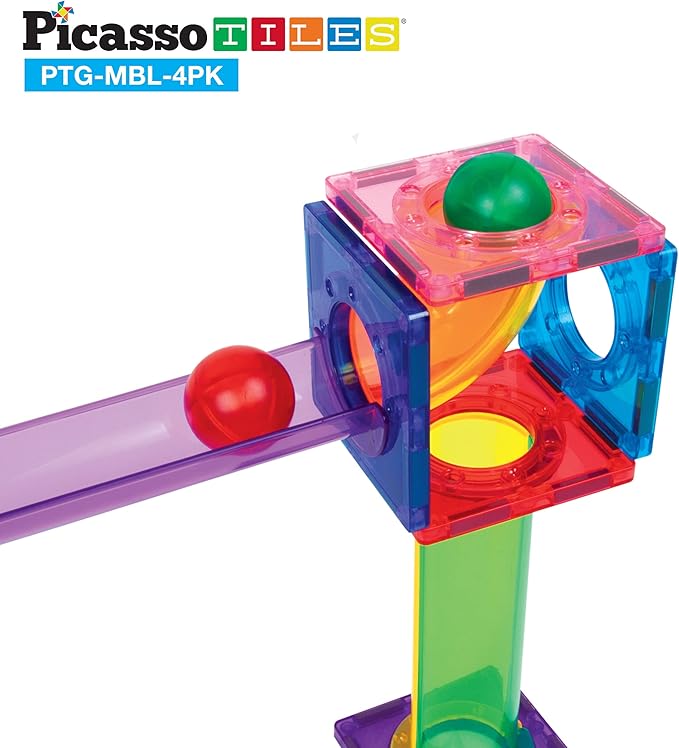 PicassoTiles 4pc Marbles for Magnetic Block Tiles Marble Run Race Track Magnet Building Tile Blocks Racetrack Maze Construction Toys Creative Toy Girls Boys 3 and Up Early Education STEM Learning Kit