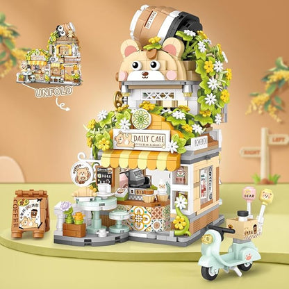 City Cafe Building Blocks Toys, Openable Coffee Shop Building Set for Boys Girls Age 8+,1077pcs Mini Bricks(Not Compatible with Lego) (Green)