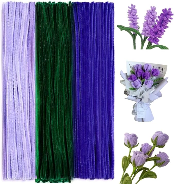 300 Pcs Thick Pipe Cleaners Craft Supplies 3 Assortment Pastel Macaron Purple Green Color Chenille Stems for Art and Craft Projects Creative DIY Christmas Decorations (Purple&Yellow&Green-300pcs)