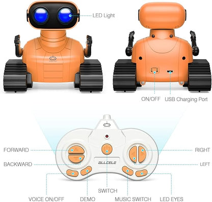 ALLCELE Robot Toys, Rechargeable RC Robots for Kids Boys, Remote Control Toy with Music and LED Eyes, Gift for Children Age 3 Years and Up - Orange