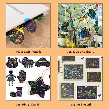 Rainbow Scratch Mini Art Notes 300 Sheets Scratch Off Paper Cards with 6 Wooden Stylus for Kids Arts Craft Kits for Girls Boys Games Party Favors Birthday Halloween (SP300)