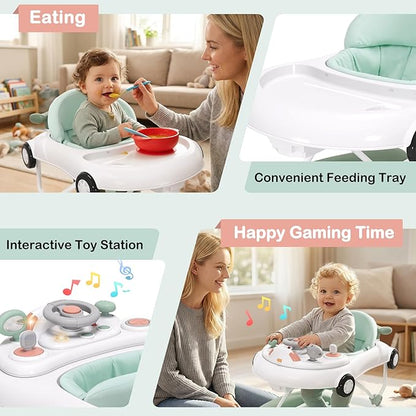 5-in-1 Convertible Baby Walker with Steering Wheel Music Activity Center – Infant Rocker, Jumper, Push Walker, Bouncer & Feeding Foldable Walker for Ages 6-18 Months Boys Girls (Mint)
