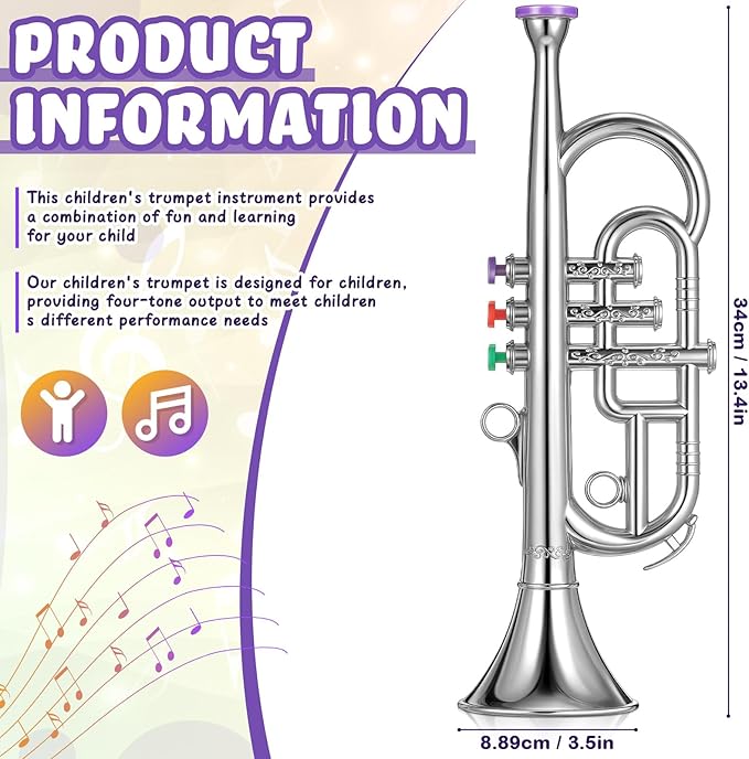 Lewtemi Silver Three-Valve Trumpet Musical Instruments Toy for Kid Toddler Fake Plastic Preschool Music Toy Gift Portable Wind Instrument Early Educational Teaching Songs Gifts for Toddlers Children