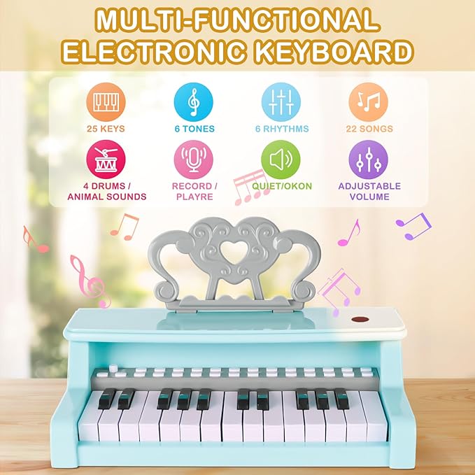 deAO Toddler Piano for Girls 3-6 Years - 25 Key Baby Piano Keyboard with Stool & Microphone-22 Songs Educational Musical Toy, Birthday Christmas Girls Gifts (Blue)
