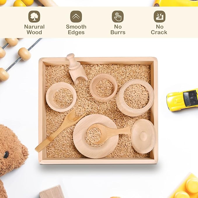 Sparkle Race Sensory Bin Tools with Wooden Box Tray Montessori Toys for Toddlers, Waldorf Toys, Wooden Scoop Dish and Tongs for Kids, Montessori Kitchen for Sensory Table Fine Motor Learning Skills