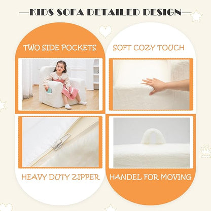 Snuggly-Soft Cuddly Toddler Plush Armchair for Boys and Girls Fuzzy Plush Kids Sofa Couch Reading Chair with Children Friendly Handle for Easy Movement & Double Pockets for Good Storage, Cream