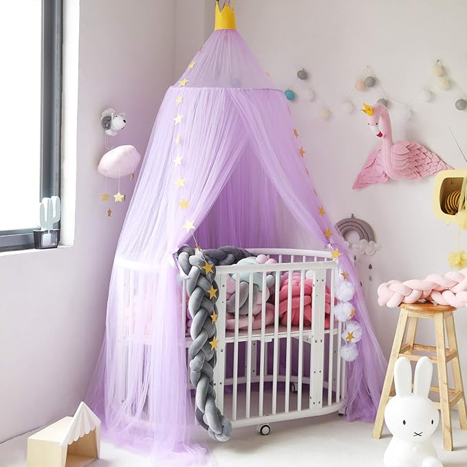 Jolitac Princess Bed Canopy for Girls Room Decor Round Lace Mosquito Net Play Tent Reading Nook Canopies Yarn Girl Dome Netting Castle (New Purple)