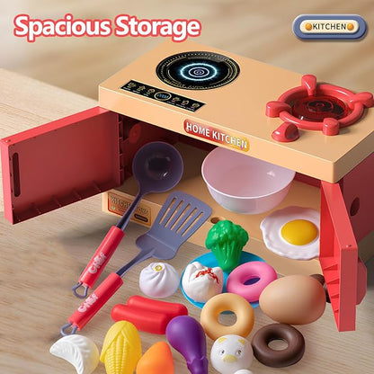 Home Kitchen Kids Toy Kitchen Set, 71 PCS Pretend Play Cooking Set with Interactive Cooktop, Realistic Accessories: Pressure Cooker, Kettle, Frying Pan, Play Food - Educational Toy for Boys & Girls 3+