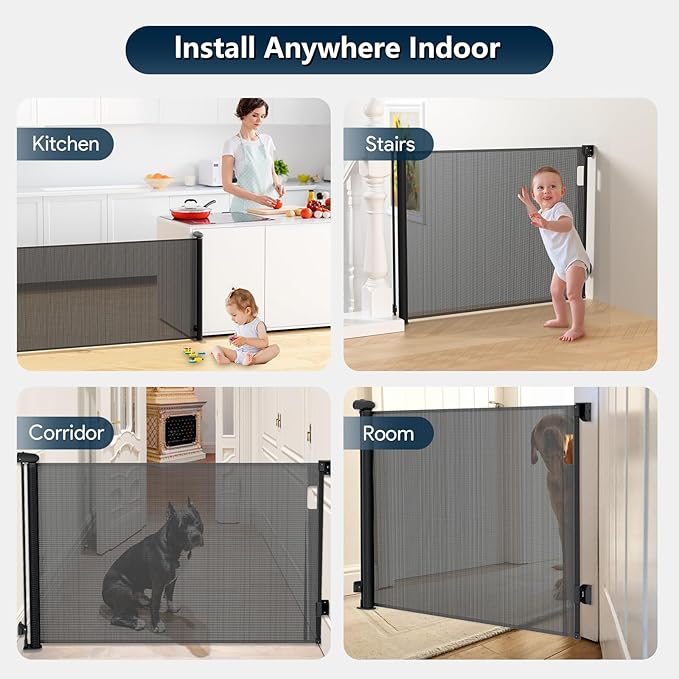 Bulubaky Extra Tall Safety Retractable Baby Gate Adjustable Wide Retractable Dog Gate Mesh Baby Gate Child Gate for Doorway, Hallway, Stair Gates for Kids or Pets (Black, 33" Tall x 71")