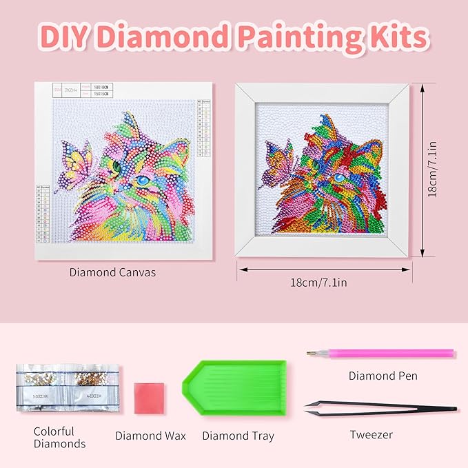 5D Diamond Painting Kits for Kids, Diamond Painting Kits Animals with Wooden Frame, Cat Diamond Painting Kits for Beginners, Girls, Adults, Diamond Painting Pictures, Arts Craft for Home Decor