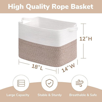 Goodpick Woven Baskets for Organizing, Rectangle Toy Baskets Storage Kids, Rope Storage Basket with Handles, Large Blanket Basket for Living Room, 18 x 14 x 12 Inches