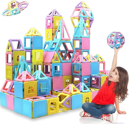 Magnetic Tiles Magnetic Blocks for 3 4 5 6 7+ Year Old Boys Girls Macaron Castle Magnetic Building Blocks for Toddlers 3-5, 4-8, Building Blocks for Kids Ages 3+ Birthday Gifts 124pcs