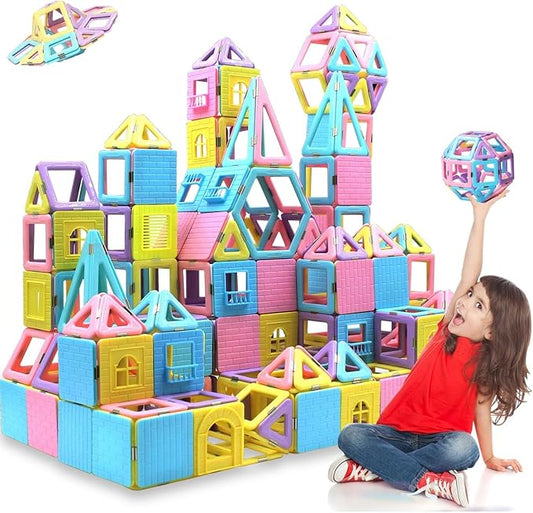 Magnetic Tiles Magnetic Blocks for 3 4 5 6 7+ Year Old Boys Girls Macaron Castle Magnetic Building Blocks for Toddlers 3-5, 4-8, Building Blocks for Kids Ages 3+ Birthday Gifts 124pcs
