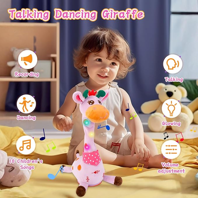 Dancing Talking Giraffe Toy, Stuffed Animal Baby Toy Repeating What You Say, Glowing Musical Electronic Giraffe Gifts for Toddlers 1-3 Years Old, Easter Gift for Kids (Purple Giraffe)