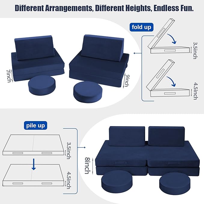 MeMoreCool Modular Kids Couch for Playroom, Navy Foam Play Couch for Toddlers, Building Fort Explorer Sofa