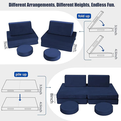 MeMoreCool Modular Kids Couch for Playroom, Navy Foam Play Couch for Toddlers, Building Fort Explorer Sofa