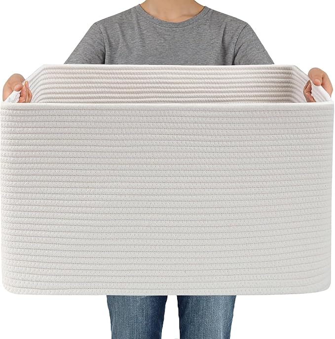 JMvicyroam Woven Blanket Basket,65L Large Storage Bin for Blankets Toys Clothes,Decorative Rope Basket for Living Room Bedroom with Handles, White