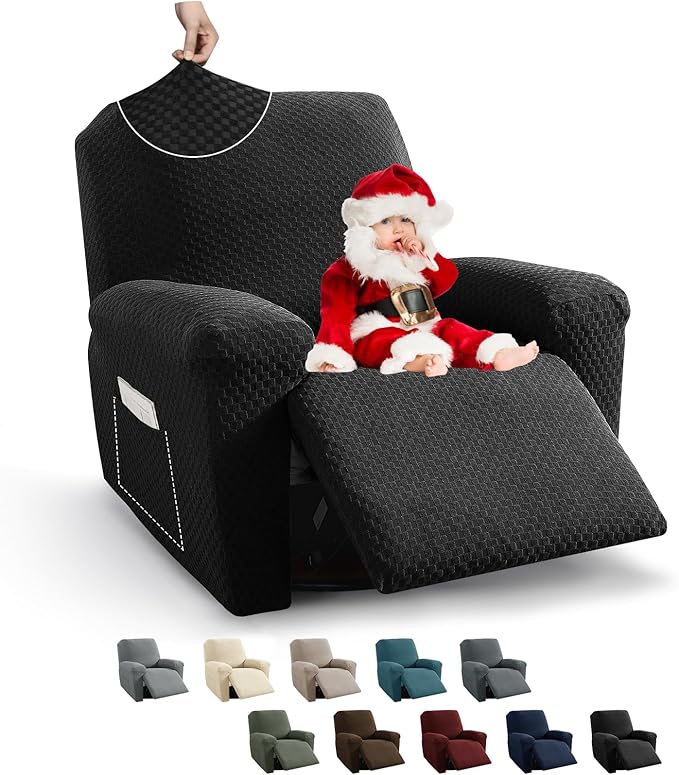 MAXIJIN Recliner Cover Slipcovers for Living Room 4 Pieces Stretch Jacquard Recliner Chair Cover Soft Fitted Recliner Protector with Elastic Bottom for Kids, Pets (Recliner, Black)