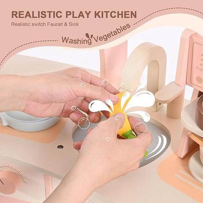 Wooden Play Kitchen Toy Set for Kids, Toddlers Pretend Toy Kitchen Playest, Sink with Faucet, Oven, Microwave, Cookware Accessories & Gifts for Age 1-6