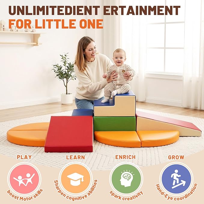 TODIBY 9-Piece Climbing Foam Blocks: Soft PU Leather - Baby Climb and Crawl Activity Blocks - Kids Play Gym Equipment Indoor for Development