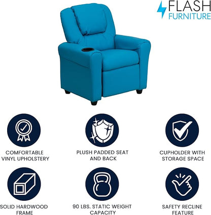 Flash Furniture Vana Vinyl Kids Recliner with Cup Holder, Headrest, and Safety Recline, Contemporary Reclining Chair for Kids, Supports up to 90 lbs., Turquoise