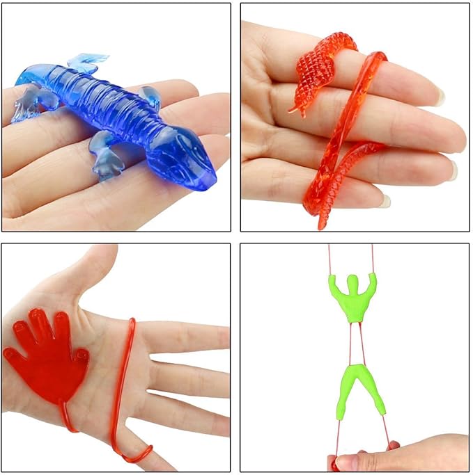 72 Pieces Vinyl Stretchy Sticky Toy Assortment Including Wall Climber Men, Sticky Animals, Large Sticky Hands, Sticky Hammers, Stretchy Flying Frogs and Sticky Frogs