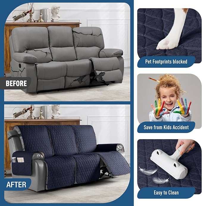 TAOCOCO 100% Waterproof Recliner Sofa Cover-Non Slip Split Couch Covers for Reclining Couches with Elastic Straps,Couch Covers for 3 Cushion Couch Sofa Pet Friendly(Dark Blue, 3 Seater)