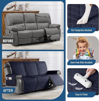 TAOCOCO 100% Waterproof Recliner Sofa Cover-Non Slip Split Couch Covers for Reclining Couches with Elastic Straps,Couch Covers for 3 Cushion Couch Sofa Pet Friendly(Dark Blue, 3 Seater)