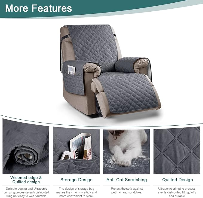 Ruaozz 100% Waterproof Recliner Chair Cover Non-Slip Reclining Cover for Recliner Chair Washable Chair Seat Cover with Elastic Straps for Kids, Dogs, Pets (Dark Grey, 23'')