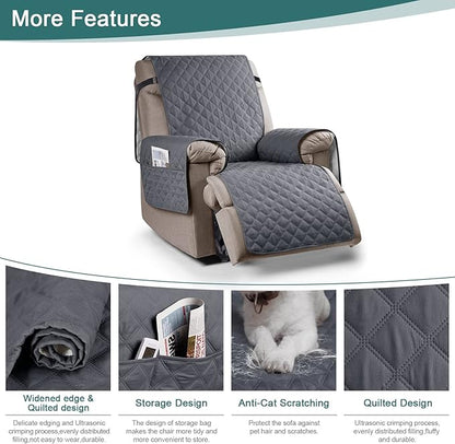 Ruaozz 100% Waterproof Recliner Chair Cover Non-Slip Reclining Cover for Recliner Chair Washable Chair Seat Cover with Elastic Straps for Kids, Dogs, Pets (Dark Grey, 23'')