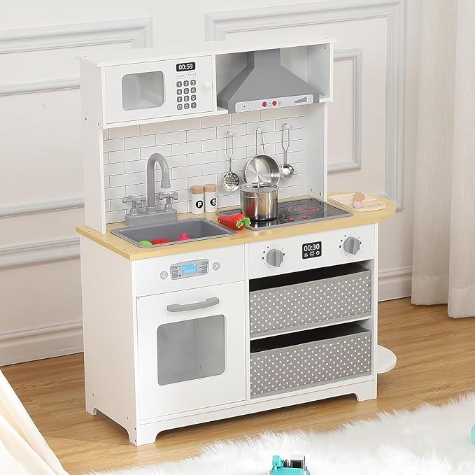 Modern Play Kitchen for Kids,33.4''Toddler Play Kitchen with Toy Storage System,Wooden Kids Play Kitchen Set with Play Features,Kids Pretend Play Kitchen with Cookware Accessories for Ages 3+(White)