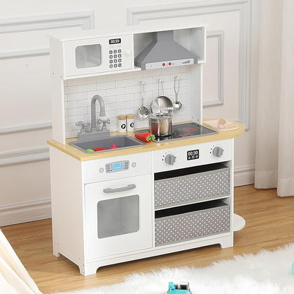Modern Play Kitchen for Kids,33.4''Toddler Play Kitchen with Toy Storage System,Wooden Kids Play Kitchen Set with Play Features,Kids Pretend Play Kitchen with Cookware Accessories for Ages 3+(White)