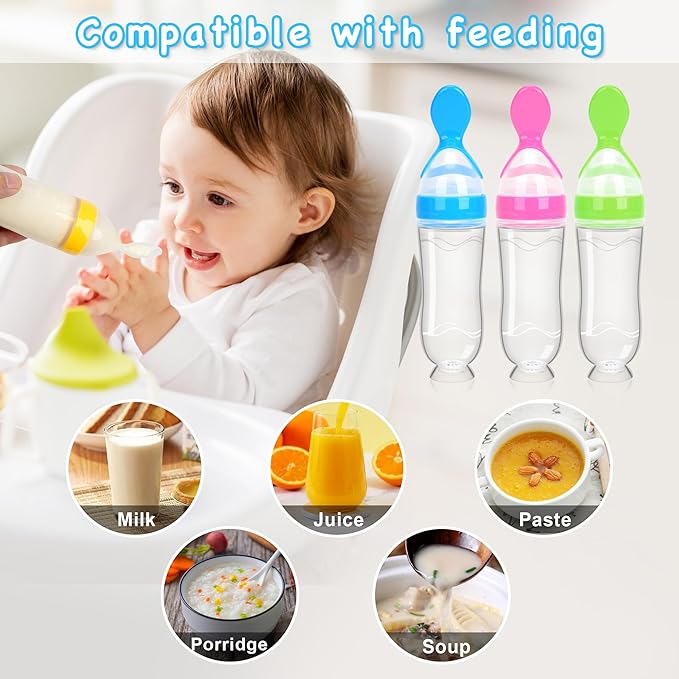 Baby Food Feeder Silicone Baby Food Dispensing Spoon-WAJIAYON, 3 oz Squeeze Feeding Spoons with Suction Cup for Boys Girl Kids Toddlers - Self Feeding Bottle Spoon - Green