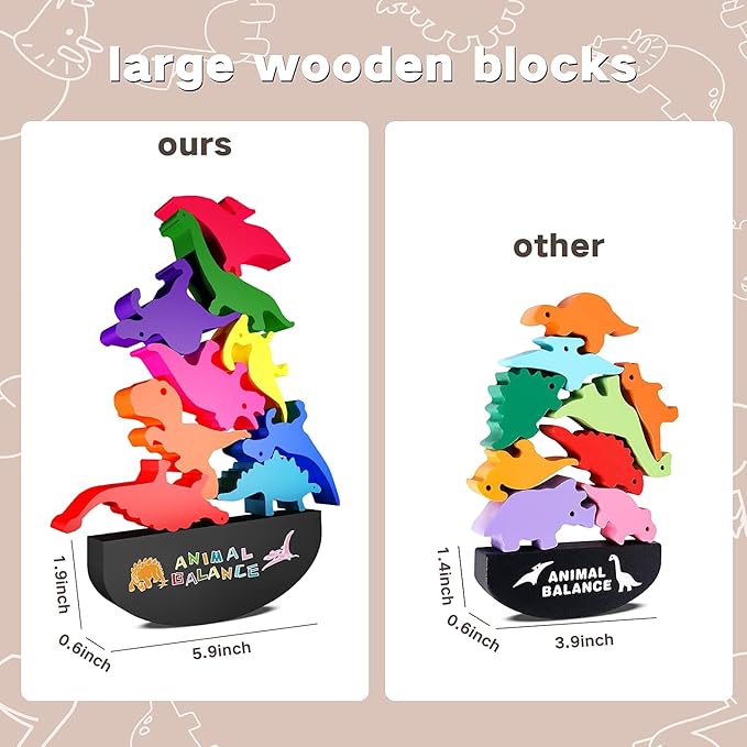 FFTROC Montessori Dinosaur Toys for 2 3 4 Year Old Boys - Wooden Stacking Dinosaur Toys for Kids 2-4 3-5, Toddler Balancing Block Sets