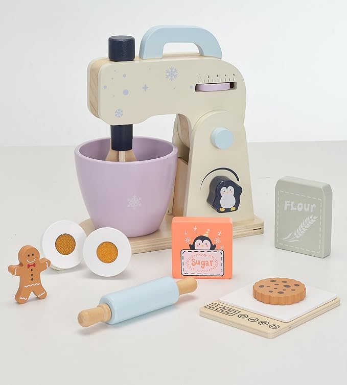 PairPear Play Mixer for Kids Kitchen, Wooden Play Food Kitchen Cookie Bakery Toys, Kids Mixer Play Kitchen Accessories for Age 3+ Girls and Boys