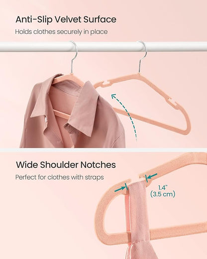 SONGMICS Kids Hangers 50 Pack, 14 x 8 Inches, Baby Hangers for Closet, Non-Slip Velvet Hangers, Childrens Hangers, Space-Saving Clothes Hangers, Wide Shoulder Notches, Coral Pink UCRF038R01