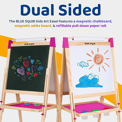 Blue Squid Art Easel for Kids - Dual-Sided Adjustable Wooden Painting Easels, Ideal Christmas Gift for Toddlers and Kid - with Magnetic Chalk Board, White Board & Paper Roll, Includes 100+ Accessories
