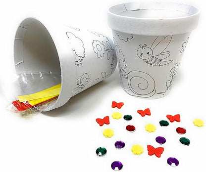 Deluxe Classroom Bulk 12 Pack of Decorate Your Own DIY Cardstock Craft Flower Pots with Hundreds of Foam Flowers and Bugs, and Acrylic Gems and Jewels