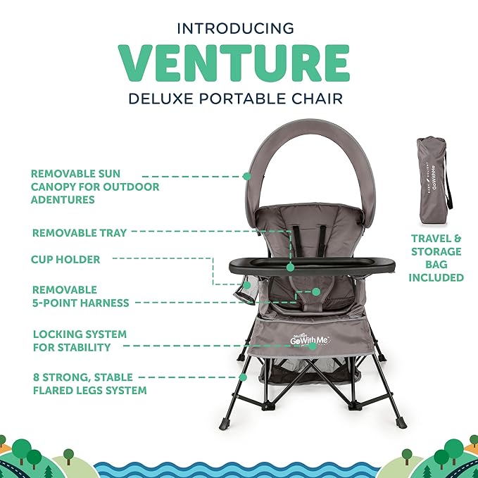 Baby Delight Go with Me Venture Portable Chair | Indoor and Outdoor | Sun Canopy | 3 Child Growth Stages | Grey