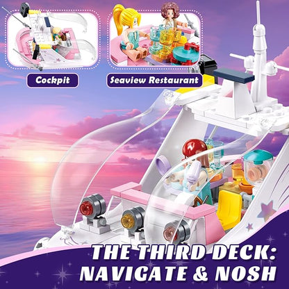 Friends Pink Yacht for Girls 8-12, Cruise Ship Building Toys with 8 Minifigures & 2 Boats, Compatible with Lego Friends Girls Ship, Gifts for Kids Girls Ages 8+, 1108 PCS