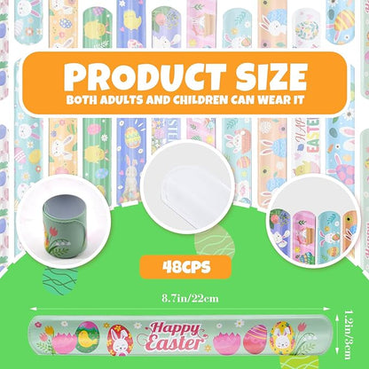 48 Pieces Easter Slap Bracelets Bulk Party Favors for Kids - 12 Designs Spring and Easter Themed Snap Bands, Classroom Exchanges, Goodie Bag Fillers Stuffers, Wrist Decorations Gifts Prizes Supplies