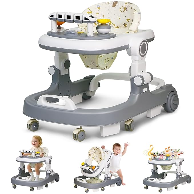 Baby Walker with Wheels, 4 in 1 Foldable Baby Walkers for Boys Girls 6-18 Months, 3 Level Height Adjustment with Bouncing, Feeding Tray & Music, Baby Walker with Activity Center, Toddler Push Walker