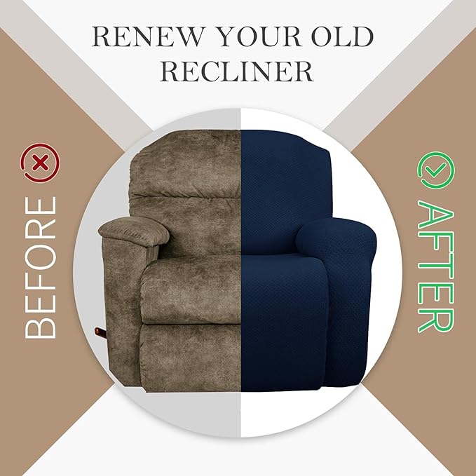 JIVINER Oversized Recliner Chair Covers 4 Piece Stretch Lazy Boy Recliner Sofa Slipcover Jacquard Large Recliner Covers with Elastic Bottom Soft Furniture Protector (XL Recliner,Navy Blue)